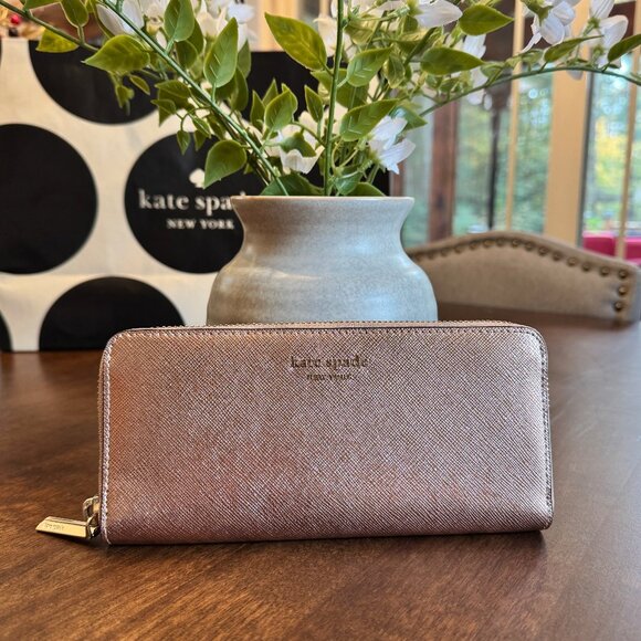 Kate Spade Spencer Metallic Leather Slim Zip Around Continental Wallet Rose Gold - Picture 1 of 10